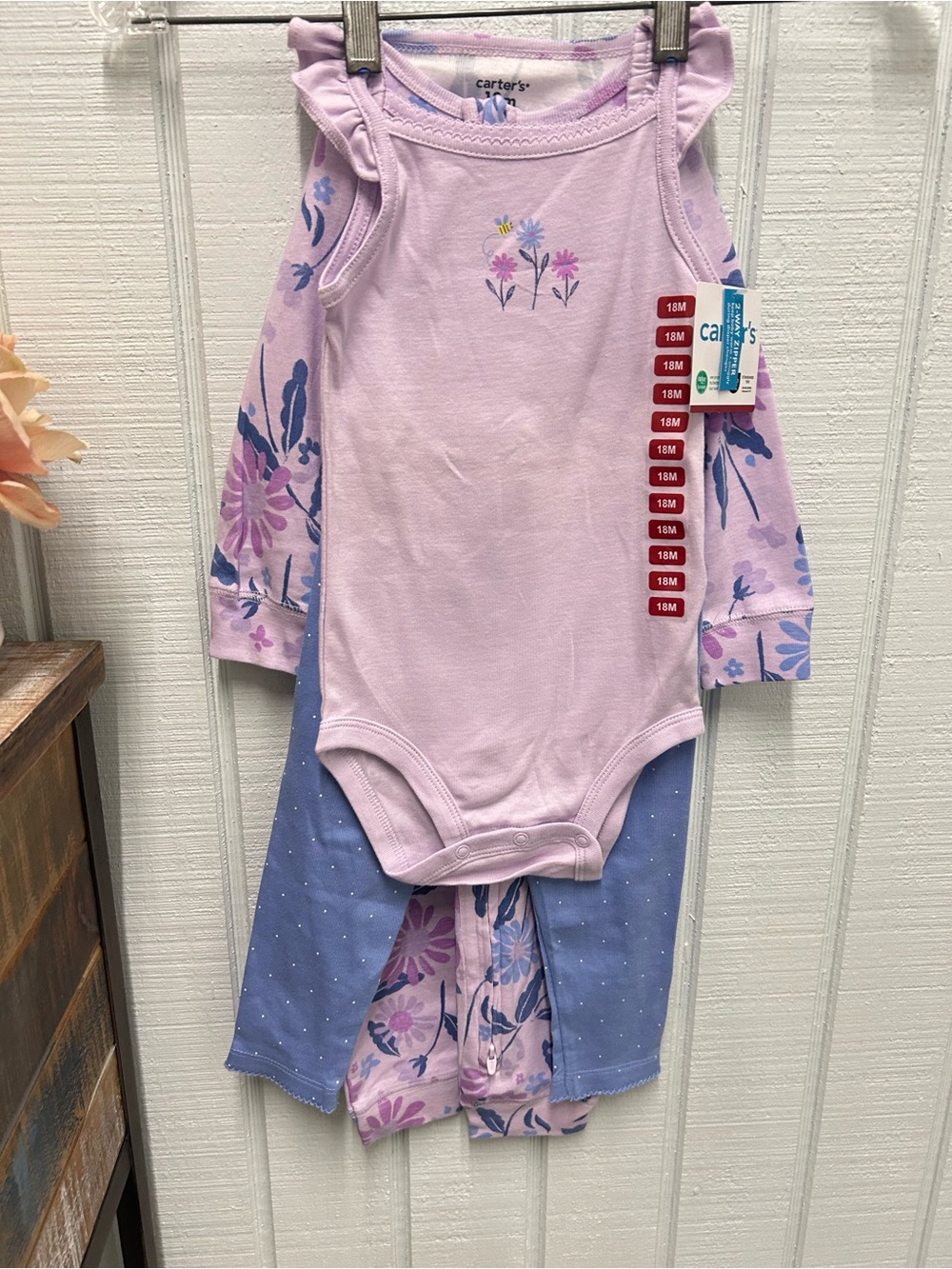 Carter's 3 piece Lilac and Periwinkle Floral Bodysuit & Pants Set